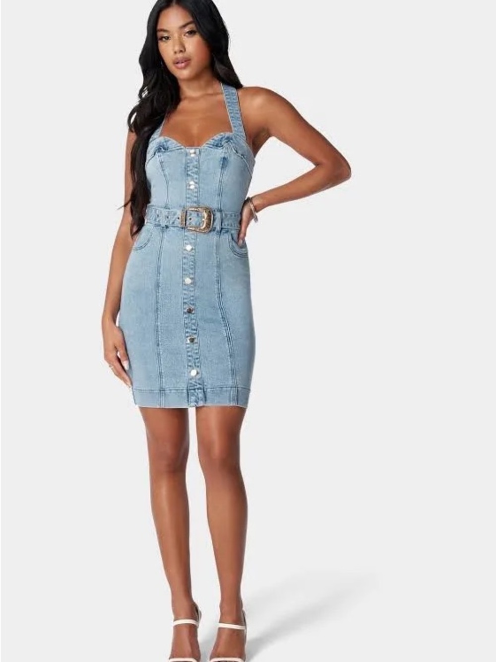 bebe Light Blue Denim Halter Mini Dress with Belt